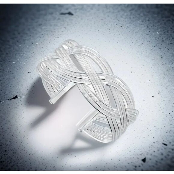 925 Silvery-Plated Copper Geometric Weave Cuff Bracelet Braided - Picture 4 of 8